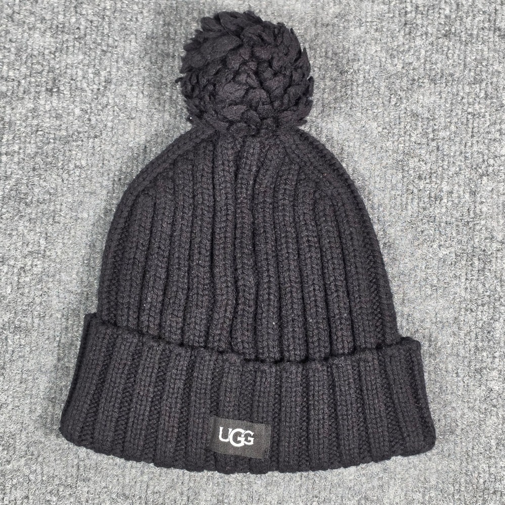 UGG Black Ribbed Knit Pom Pom Beanie Hat Wool Blend OS